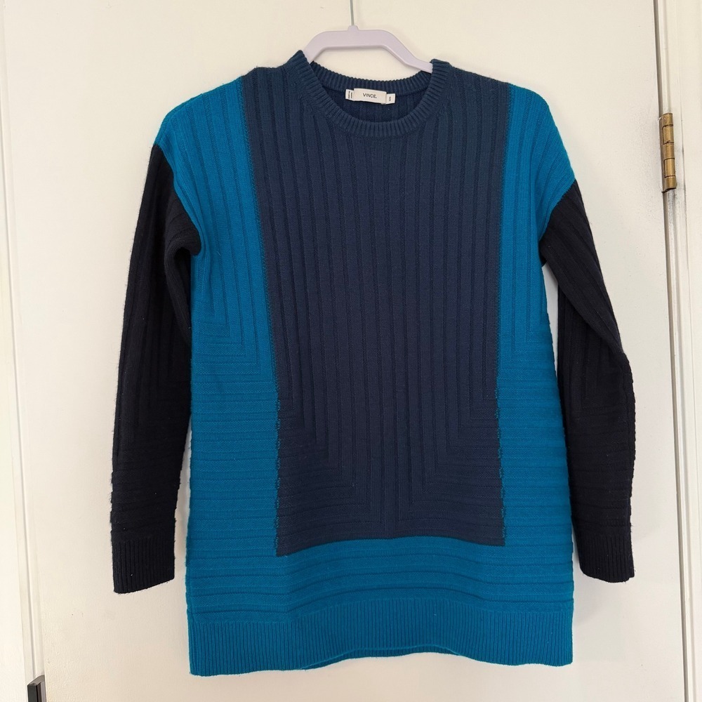 Vince Color Block Ribbed Knit Sweater Blue Navy Teal Long Sleeve XXS